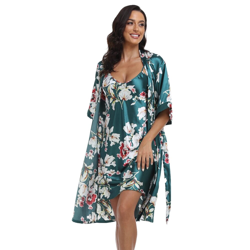 8789 Satin Robes Set with Nightgown Silk Kimono Pajamas 2 Piece Sleepwear - Picture 2 of 4